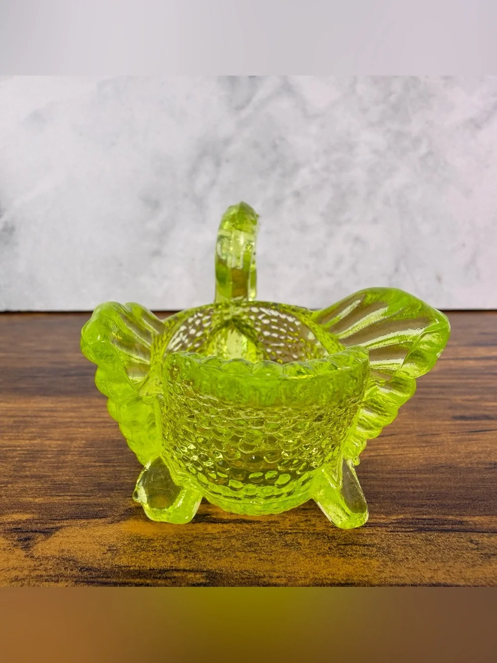 Mosser Glass Uranium Vaseline Swan Open Salt Cellar Dish UV Glow Vintage